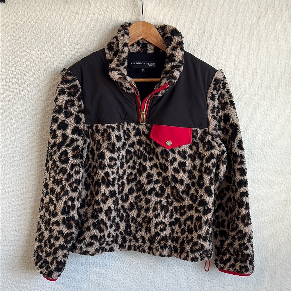 Veronica Beard Leopard Faux Fur Pullover Jacket with Black & Red Accents